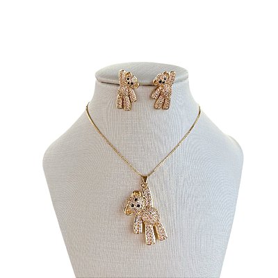 Conjunto Folheado Ouro 18k e Prata 925 Inspired Urso Cravejado