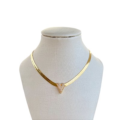 Choker Folheada Ouro 18k e Prata 925 Fita Laminada Coração Cravejado