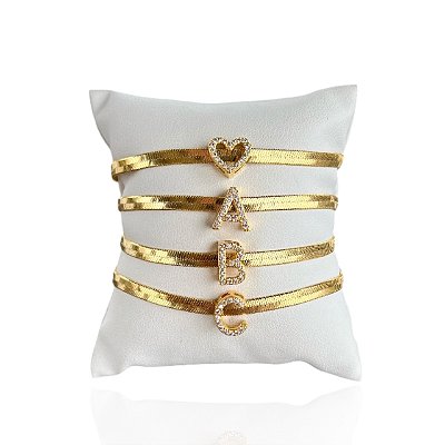 Pulseira Folheada Ouro 18k e Prata 925 Fita Laminada Letra Inicial Cravejada
