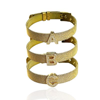 Pulseira Folheada Ouro 18k e Prata 925 Charm Letra Inicial Cravejada