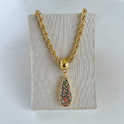 Colar Folheado Ouro 18k Cordão Baiano Grosso Gota Cravejada Color