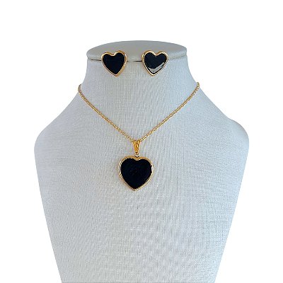 Conjunto Folheado Ouro 18k Coração Resinado
