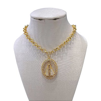 Colar Folheado Ouro 18k Correntaria Elos Nossa Senhora Cravejada