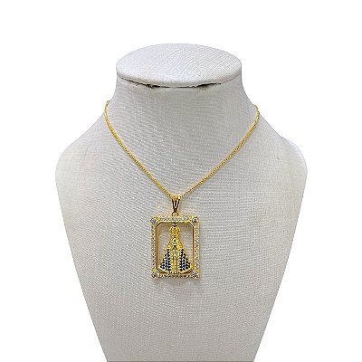 Colar Folheado Ouro 18k e Prata 925 Nossa Senhora Cravejada