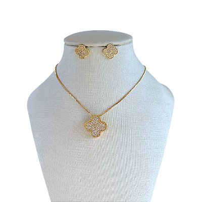 Conjunto Folheado Ouro 18k e Prata 925 Trevo Cravejado