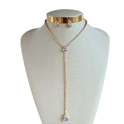 Conjunto Folheado Ouro 18k e Prata 925 Gravatinha Riviera Gota