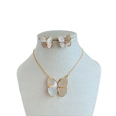 Conjunto Folheado Ouro 18k e Prata 925 Borboleta Madrepérolas
