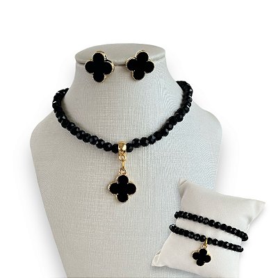 Conjunto Bijuteria Cristais Trevo