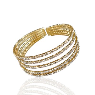 Bracelete Folheado Ouro 18k e Prata 925 Cinco Voltas Strass