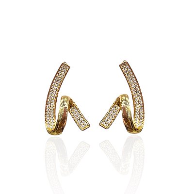Brinco Folheado Ouro 18k e Prata 925 Ondulado Cravejado
