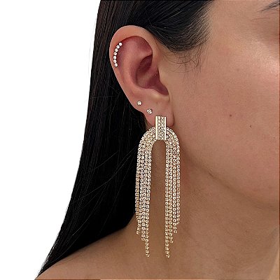 Brinco Folheado Ouro 18k e Prata 925 Franja Strass Arco Aberto