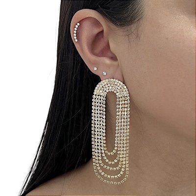 Brinco Folheado Ouro 18k e Prata 925 Franja Strass Oval Fechado