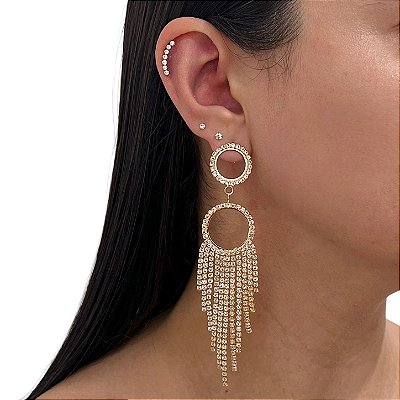 Brinco Folheado Ouro 18k e Prata 925 Franja Strass Argola Dupla
