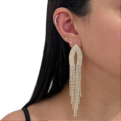 Brinco Folheado Ouro 18k e Prata 925 Franja Strass Losango