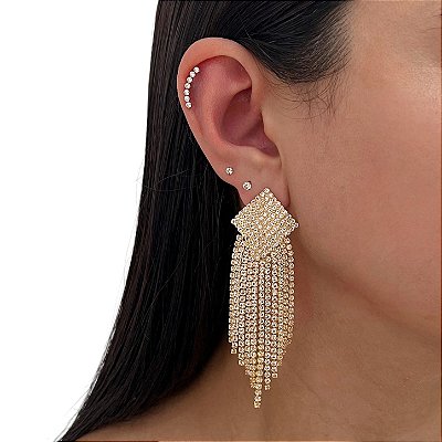 Brinco Folheado Ouro 18k e Prata 925 Franja Strass Losango