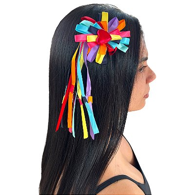 Presilha Colorida Flor Coração Fitas Cetim