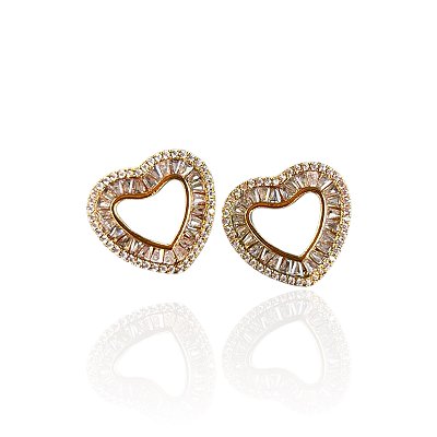 Brinco Folheado Ouro 18k e Prata 925 Coração Cravejado