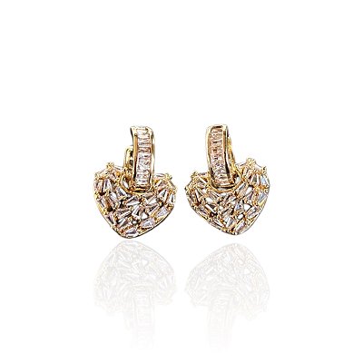 Brinco Folheado Ouro 18k e Prata 925 Coração Cravejado