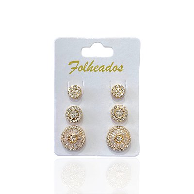 Trio Brincos Folheado Ouro 18k e Prata 925 Redondo Cravejado
