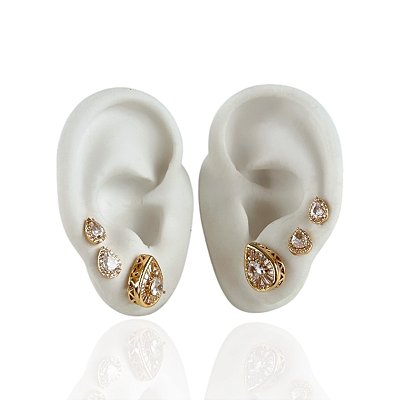 Trio Brincos Folheado Ouro 18k e Prata 925 Gota Cravejada
