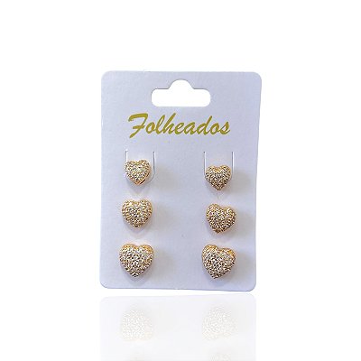 Trio Brincos Folheado Ouro 18k e Prata 925 Coração Cravejado