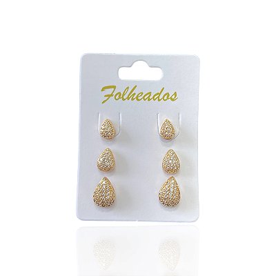 Trio Brincos Folheado Ouro 18k e Prata 925 Gota Cravejada