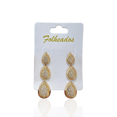 Trio Brincos Folheado Ouro 18k e Prata 925 Gota Cravejada