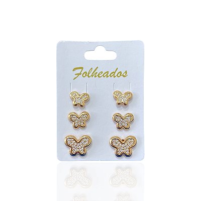 Trio Brincos Folheado Ouro 18k e Prata 925 Borboleta Cravejada