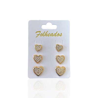 Trio Brincos Folheado Ouro 18k e Prata 925 Coração Cravejado