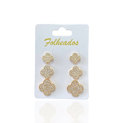 Trio Brincos Folheado Ouro 18k e Prata 925 Trevo Cravejado