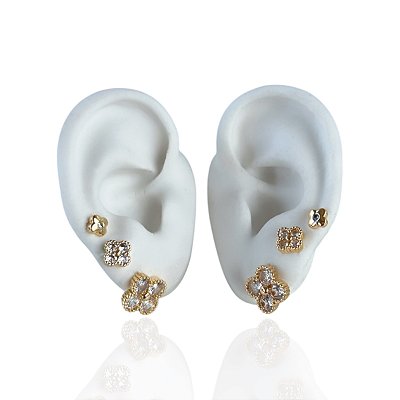 Trio Brincos Folheado Ouro 18k e Prata 925 Trevo Cravejado
