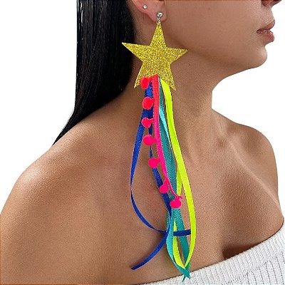 Brinco Carnaval Franja Estrela Fita Pompom Bijuteria