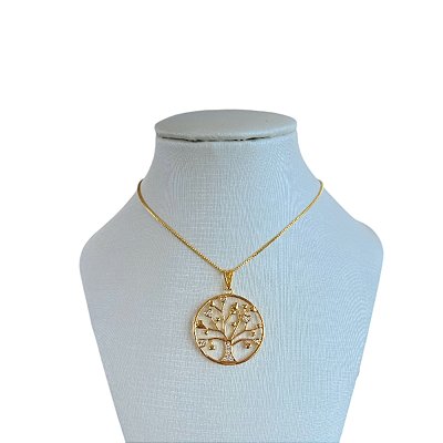Colar Folheado Ouro 18k e Prata 925 Árvore da Vida Cravejada