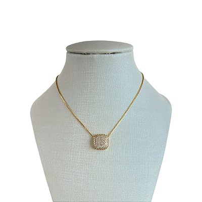 Colar Folheado Ouro 18k e Prata 925 Quadrado Cravejado