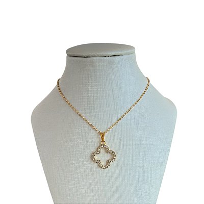 Colar Folheado Ouro 18k Trevo Strass