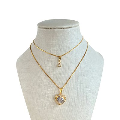 Colar Duplo Folheado Ouro 18k e Prata 925 Coração Cravejado Ponto de Luz