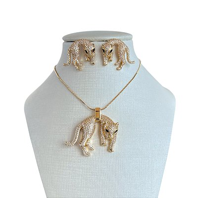 Conjunto Folheado Ouro 18k e Prata 925 Tigre Cravejada