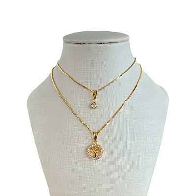 Colar Duplo Folheado Ouro 18k Árvore da Vida Cravejada