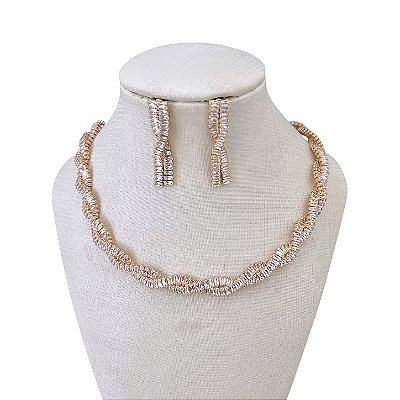 Conjunto Folheado Ouro 18k e Prata 925 Riviera Torcida Cravejada
