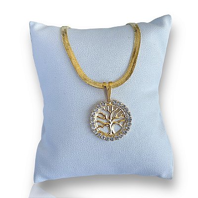 Pulseira Folheada Ouro 18k e Prata 925 Fita Laminada Árvore da Vida Strass