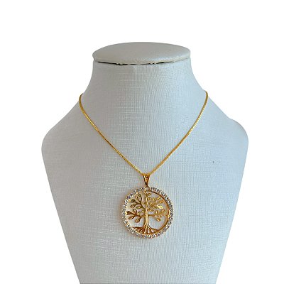 Colar Folheado Ouro 18k e Prata 925 Árvore da Vida Strass