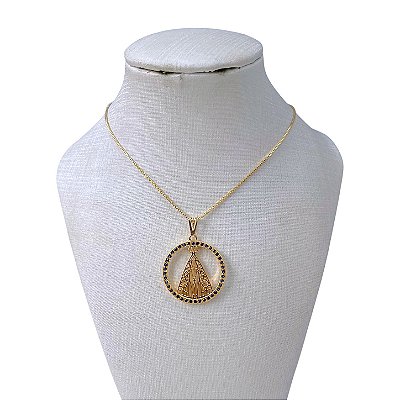 Colar Folheado Ouro 18k Mandala Nossa Senhora Cravejada