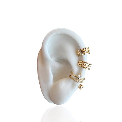 Trio Piercings Fake Folheado Ouro 18k e Prata 925 Cravejado