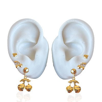 Trio Brincos Folheado Ouro 18k Cereja