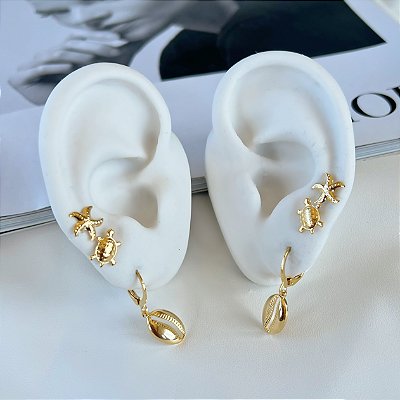 Trio Brincos Folheado Ouro 18k e Prata 925 Sereismo Búzio