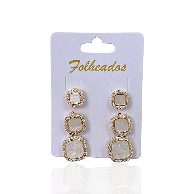 Trio Brincos Folheado Ouro 18k Quadrado Madrepérola