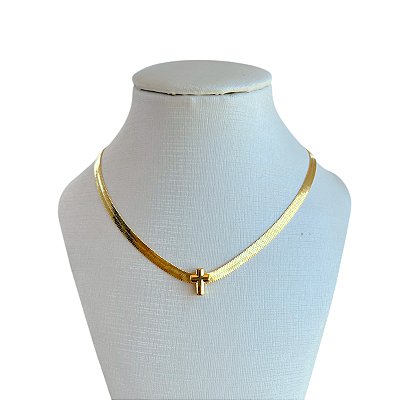 Choker Folheada Ouro 18k Fita Laminada Cruz