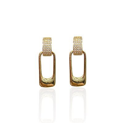 Brinco Folheado Ouro 18k e Prata 925 Quadrado Cravejado