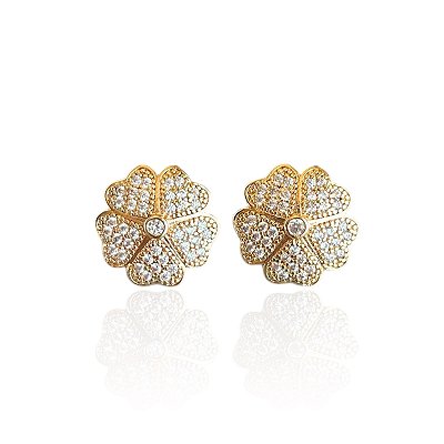 Brinco Folheado Ouro 18k Trevo Cravejado