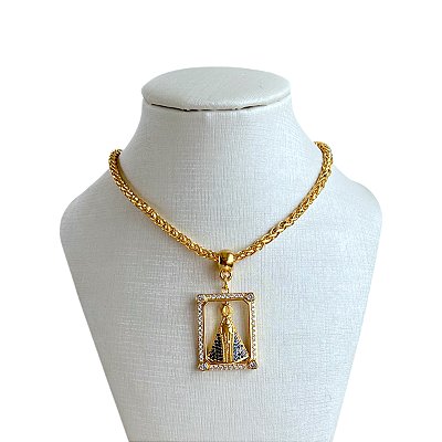 Colar Folheado Ouro 18k e Prata 925 Nossa Senhora Cravejada